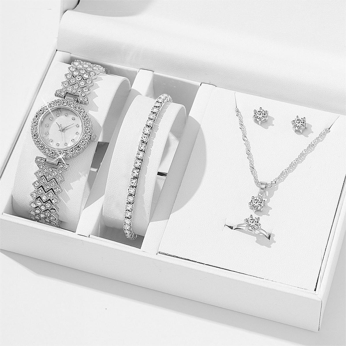 Women's Alloy Quartz Watch Necklace Earrings Bracelet Ring Suit