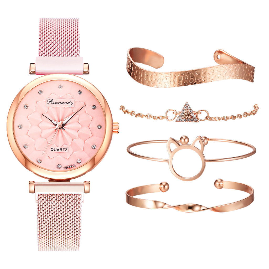 Flower Magnetic Buckle Milan Mesh Strap Watch Bracelet Suit