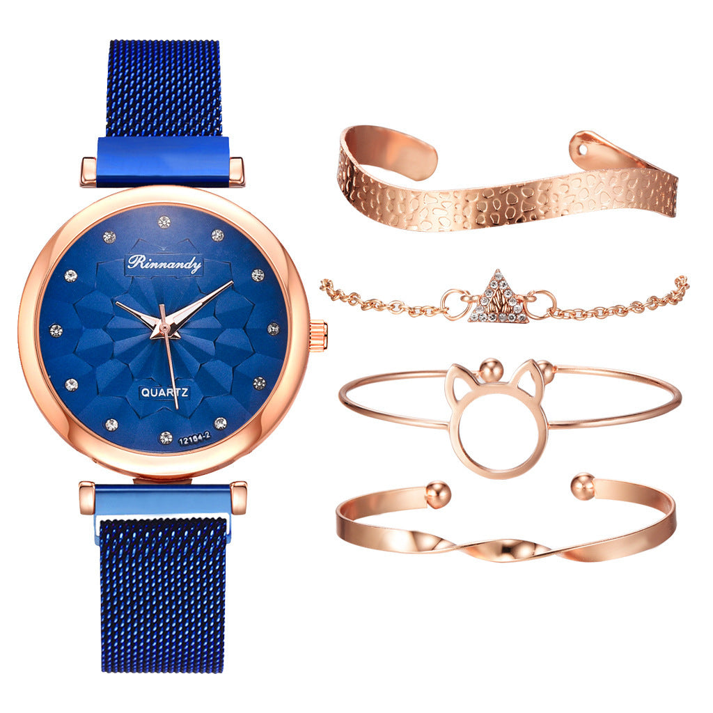 Flower Magnetic Buckle Milan Mesh Strap Watch Bracelet Suit