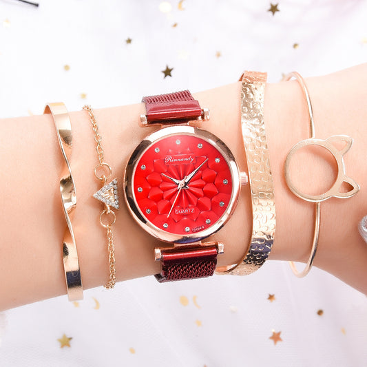 Flower Magnetic Buckle Milan Mesh Strap Watch Bracelet Suit